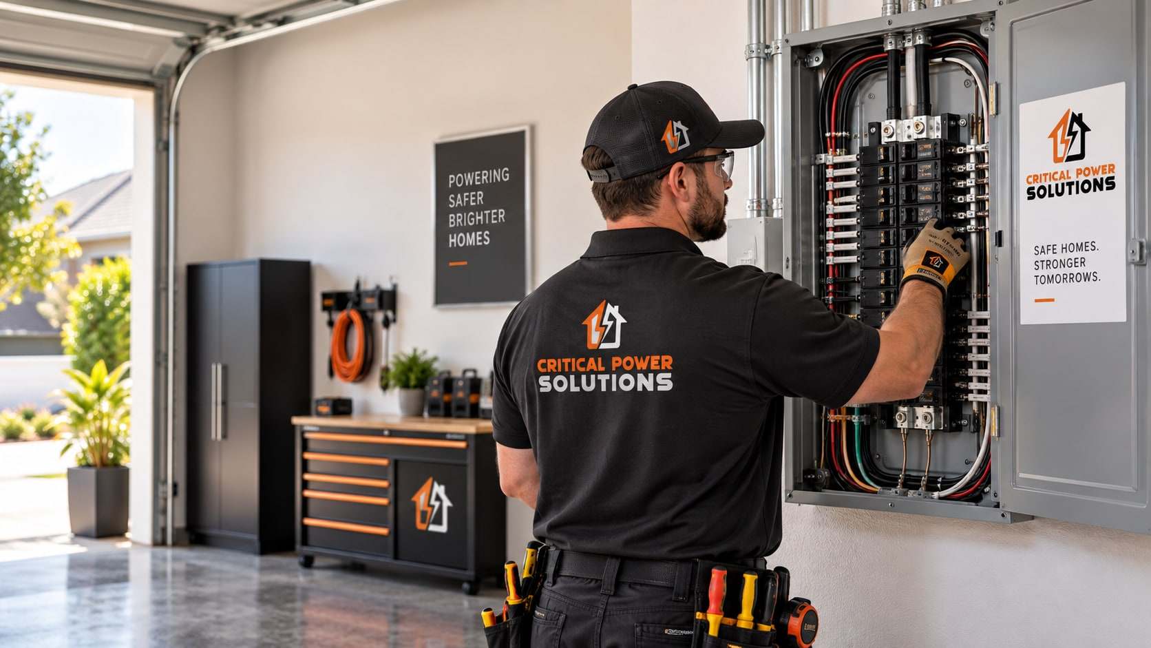 A Critical Power Solutions electrician working inside an open residential load centre in a garage
